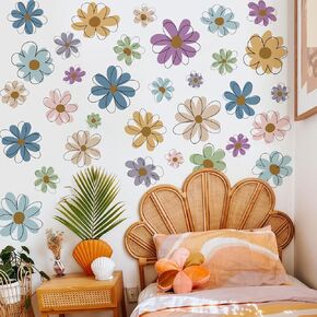 Runtoo Daisy Wall Decals Floral Boho Flower Wall Art Stickers for Girls Bedroom Nursery Kids Wall Decor