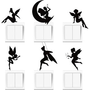 Whaline 6Pcs Fairy Lightswitch Vinyl Decal Sticker Fairy Black Wall Decals Aesthetic Fairy Wing Wall Decorations for Living Room Bedroom Kitchen Nursery Art Picture DIY Kids Teen Adult