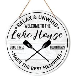 Lake House Welcome Sign Front Door Decor, Summer Welcome Round Hanging Sign Decor Lake Wall Decorations Entryway Wood Sign for Door, Porch, Home, Housewarming Gift for Lake House, Relax & Unwind