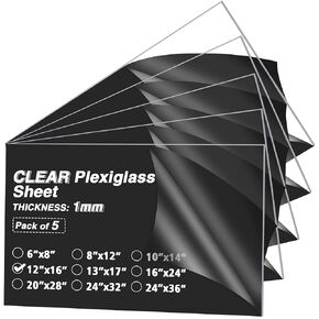 (5-Pack) 16×24" Clear Flexible Acrylic Sheet Plexiglass – 0.04 inch(1mm) Thick for Picture Frames, Craft Projects, Signs, Display Cases and More; Cut with Cricut, Engraver, Saw or Hand Tools