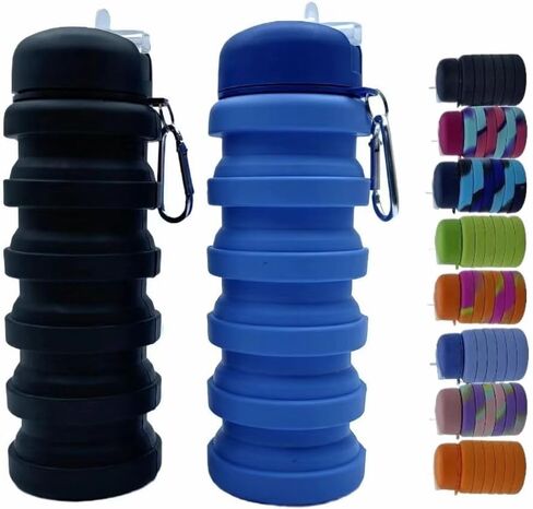 Collapsible Water Bottles 2 Pack 16oz(about 500ml), Travel Portable Sport Water Bottle, Silicone Foldable Water Bottles for Gym Camping Outdoor Hiking. (Blue Camouflage+Pink Camouflage) in Saudi Arabia
