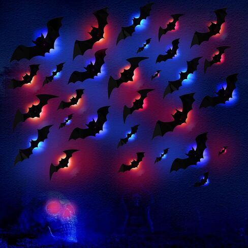 92 Pcs LED Halloween Bats Light Wall Decor Large 3D Bats Sticker Light for Halloween Decorations 5 Sizes Removable PVC Bat Stickers for Halloween Home Decor Indoor Party Decorations in Saudi Arabia