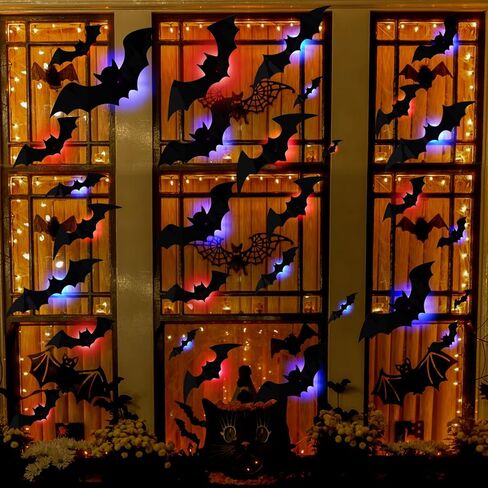 92 Pcs LED Halloween Bats Light Wall Decor Large 3D Bats Sticker Light for Halloween Decorations 5 Sizes Removable PVC Bat Stickers for Halloween Home Decor Indoor Party Decorations in Saudi Arabia