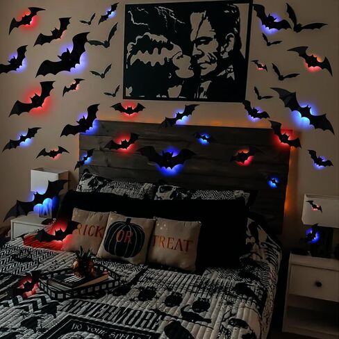 92 Pcs LED Halloween Bats Light Wall Decor Large 3D Bats Sticker Light for Halloween Decorations 5 Sizes Removable PVC Bat Stickers for Halloween Home Decor Indoor Party Decorations in Saudi Arabia