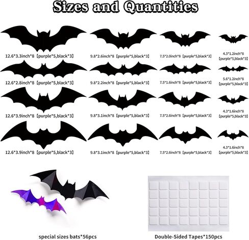 92 Pcs LED Halloween Bats Light Wall Decor Large 3D Bats Sticker Light for Halloween Decorations 5 Sizes Removable PVC Bat Stickers for Halloween Home Decor Indoor Party Decorations in Saudi Arabia