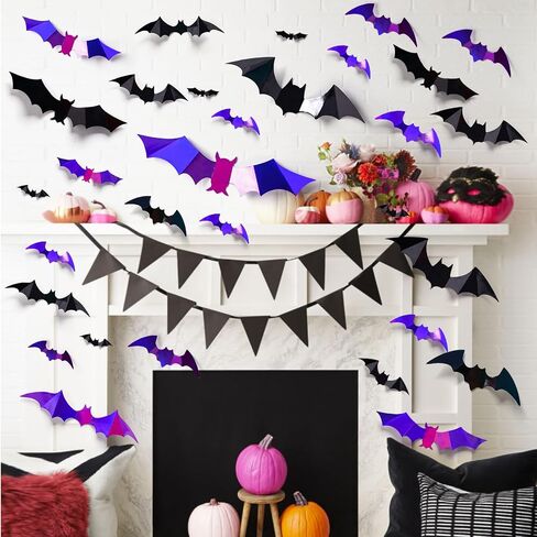 92 Pcs LED Halloween Bats Light Wall Decor Large 3D Bats Sticker Light for Halloween Decorations 5 Sizes Removable PVC Bat Stickers for Halloween Home Decor Indoor Party Decorations in Saudi Arabia