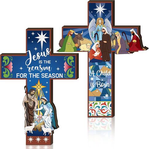 2 Pcs Nativity Crosses Wall Decor Religious Christmas Jesus Wooden Decor Jesus Is The Reason for The Season Hanging Sign Rustic Christian Keepsake Religious Gift for Home Room Indoor Outdoor Holiday in Saudi Arabia