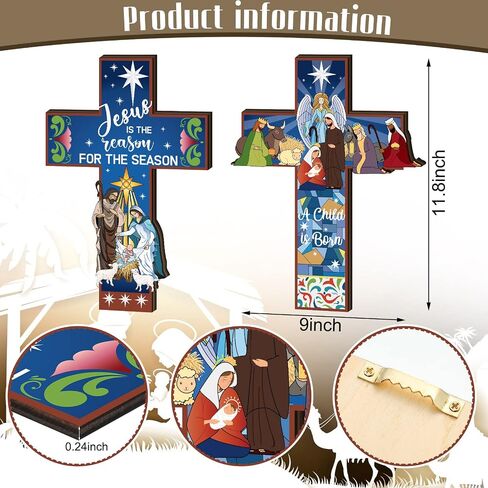 2 Pcs Nativity Crosses Wall Decor Religious Christmas Jesus Wooden Decor Jesus Is The Reason for The Season Hanging Sign Rustic Christian Keepsake Religious Gift for Home Room Indoor Outdoor Holiday in Saudi Arabia