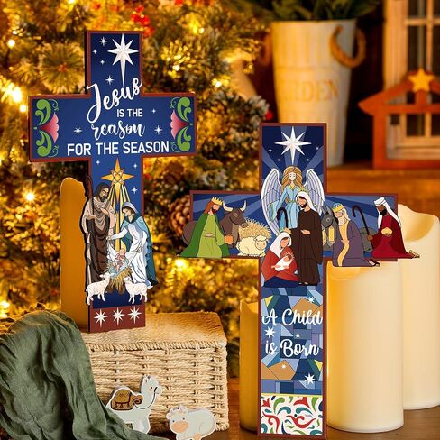 2 Pcs Nativity Crosses Wall Decor Religious Christmas Jesus Wooden Decor Jesus Is The Reason for The Season Hanging Sign Rustic Christian Keepsake Religious Gift for Home Room Indoor Outdoor Holiday in Saudi Arabia