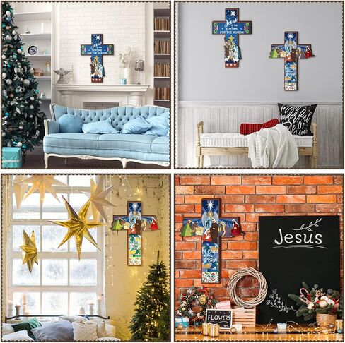 2 Pcs Nativity Crosses Wall Decor Religious Christmas Jesus Wooden Decor Jesus Is The Reason for The Season Hanging Sign Rustic Christian Keepsake Religious Gift for Home Room Indoor Outdoor Holiday in Saudi Arabia