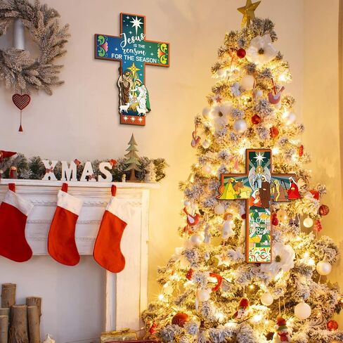 2 Pcs Nativity Crosses Wall Decor Religious Christmas Jesus Wooden Decor Jesus Is The Reason for The Season Hanging Sign Rustic Christian Keepsake Religious Gift for Home Room Indoor Outdoor Holiday in Saudi Arabia