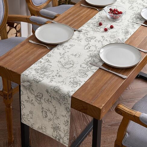 jinchan Floral Linen Table Runner for Kitchen Farmhouse Table Cloth with Black Flower Print 13 x 70 Inch Beige Linen Blend Cloth for Kitchen Dining Table Indoor Outdoor Decor 1 Panel in Kuwait