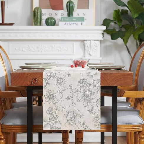 jinchan Floral Linen Table Runner for Kitchen Farmhouse Table Cloth with Black Flower Print 13 x 70 Inch Beige Linen Blend Cloth for Kitchen Dining Table Indoor Outdoor Decor 1 Panel in Kuwait