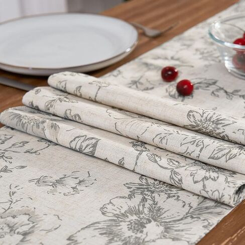 jinchan Floral Linen Table Runner for Kitchen Farmhouse Table Cloth with Black Flower Print 13 x 70 Inch Beige Linen Blend Cloth for Kitchen Dining Table Indoor Outdoor Decor 1 Panel in Kuwait