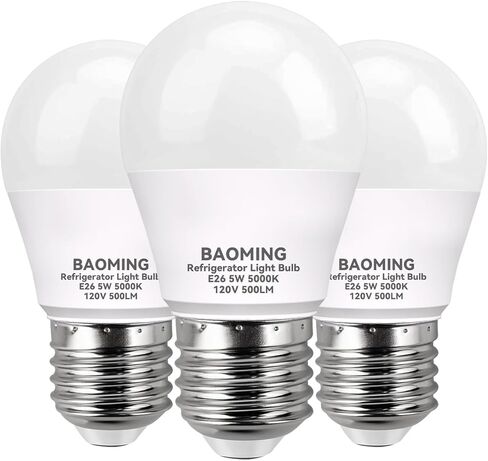 BAOMING LED Refrigerator Light Bulb 50 Watt Equivalent,G45 5W 120V 500LM Fridge Appliance Light Bulb Daylight White 5000K, Waterproof Fridge Light Bulbs, E26 Freezer Light Bulbs Non-dimmable, 3Packs in Saudi Arabia