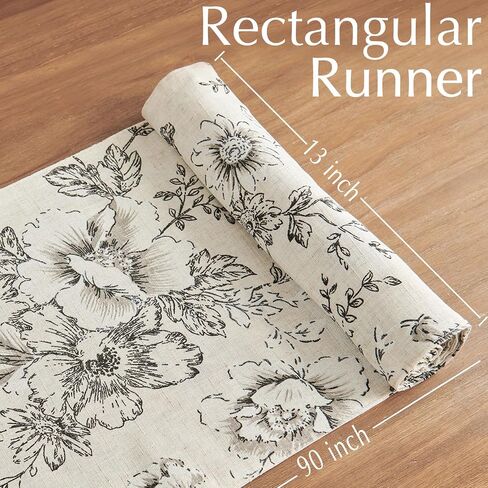 jinchan Floral Linen Table Runner for Kitchen Farmhouse Table Cloth with Black Flower Print 13 x 70 Inch Beige Linen Blend Cloth for Kitchen Dining Table Indoor Outdoor Decor 1 Panel in Saudi Arabia