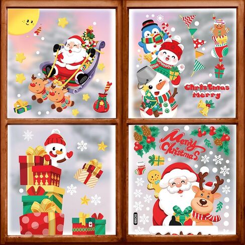 4 Sheets Christmas Window Clings Cute Elk Santa Claus Snowflake Snowman Gnome Window Decals Double-Sided Christmas Window Decor for Xmas Winter Home Office School Decor Party Supplies in Kuwait