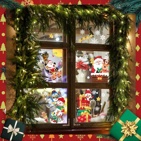 4 Sheets Christmas Window Clings Cute Elk Santa Claus Snowflake Snowman Gnome Window Decals Double-Sided Christmas Window Decor for Xmas Winter Home Office School Decor Party Supplies in Kuwait