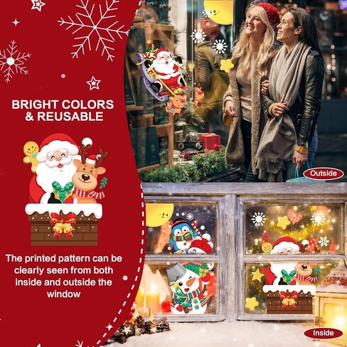 4 Sheets Christmas Window Clings Cute Elk Santa Claus Snowflake Snowman Gnome Window Decals Double-Sided Christmas Window Decor for Xmas Winter Home Office School Decor Party Supplies in Kuwait