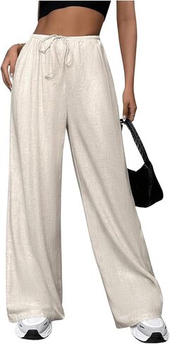 Women's Drawstring Waist Linen Pants Straight Leg Baggy Trousers Casual Lounge Sweatpants in Saudi Arabia