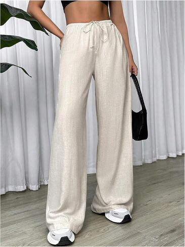 Women's Drawstring Waist Linen Pants Straight Leg Baggy Trousers Casual Lounge Sweatpants in Saudi Arabia
