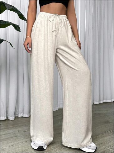 Women's Drawstring Waist Linen Pants Straight Leg Baggy Trousers Casual Lounge Sweatpants in Saudi Arabia
