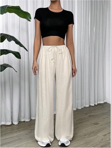 Women's Drawstring Waist Linen Pants Straight Leg Baggy Trousers Casual Lounge Sweatpants in Saudi Arabia