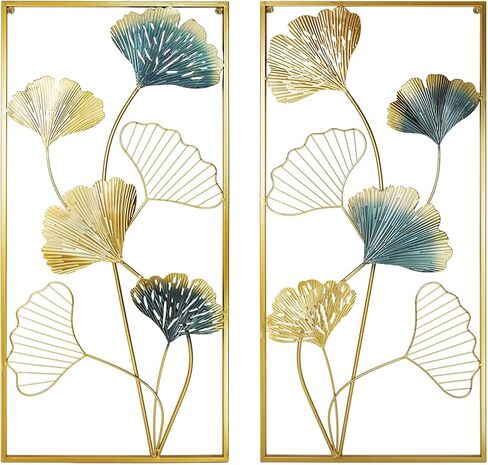XIAMOFUZHOU Set of 2 Metal Wall Art Decors Ginkgo Leaf Golden Metal Art Wall Sculptures 33.5" X 15.75" Modern Wall Hanging Sculptures with Frame for Bedroom Living Room Kitchen Dining Room Office in Saudi Arabia