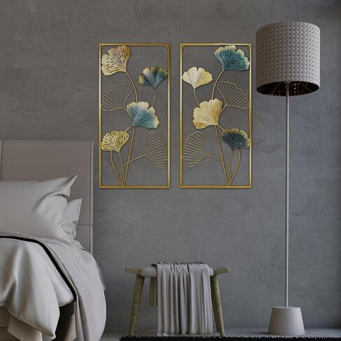 XIAMOFUZHOU Set of 2 Metal Wall Art Decors Ginkgo Leaf Golden Metal Art Wall Sculptures 33.5" X 15.75" Modern Wall Hanging Sculptures with Frame for Bedroom Living Room Kitchen Dining Room Office in Saudi Arabia