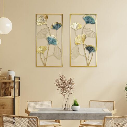 XIAMOFUZHOU Set of 2 Metal Wall Art Decors Ginkgo Leaf Golden Metal Art Wall Sculptures 33.5" X 15.75" Modern Wall Hanging Sculptures with Frame for Bedroom Living Room Kitchen Dining Room Office in Saudi Arabia