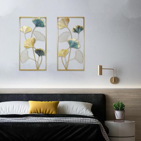 XIAMOFUZHOU Set of 2 Metal Wall Art Decors Ginkgo Leaf Golden Metal Art Wall Sculptures 33.5" X 15.75" Modern Wall Hanging Sculptures with Frame for Bedroom Living Room Kitchen Dining Room Office in Saudi Arabia