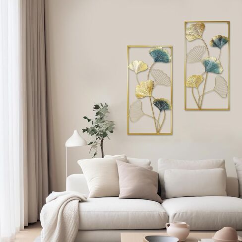 XIAMOFUZHOU Set of 2 Metal Wall Art Decors Ginkgo Leaf Golden Metal Art Wall Sculptures 33.5" X 15.75" Modern Wall Hanging Sculptures with Frame for Bedroom Living Room Kitchen Dining Room Office in Saudi Arabia