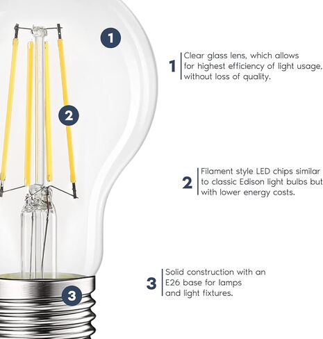 LUXRITE Vintage A19 LED Light Bulbs 60W Equivalent, 3000K Soft White Dimmable, 800 Lumens, Standard LED Edison Bulb 8W, UL Listed, E26 Base (4 Pack) in Kuwait