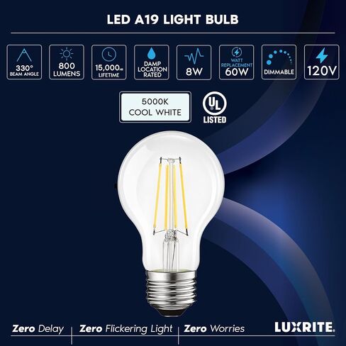 LUXRITE Vintage A19 LED Light Bulbs 60W Equivalent, 3000K Soft White Dimmable, 800 Lumens, Standard LED Edison Bulb 8W, UL Listed, E26 Base (4 Pack) in Kuwait