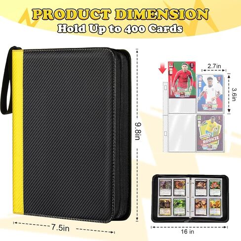 Card Binder for Pokemon Card, 4 Pocket 50 Double-Sided Pages for 400 Card Pocket Premium Zip PU Card Binder for Pokemon, Collectible For TCG,MTG,Baseball,Football Trading Card Game (Yellow) in Saudi Arabia