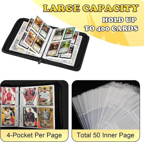 Card Binder for Pokemon Card, 4 Pocket 50 Double-Sided Pages for 400 Card Pocket Premium Zip PU Card Binder for Pokemon, Collectible For TCG,MTG,Baseball,Football Trading Card Game (Yellow) in Saudi Arabia