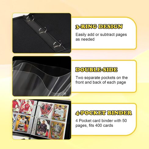 Card Binder for Pokemon Card, 4 Pocket 50 Double-Sided Pages for 400 Card Pocket Premium Zip PU Card Binder for Pokemon, Collectible For TCG,MTG,Baseball,Football Trading Card Game (Yellow) in Saudi Arabia