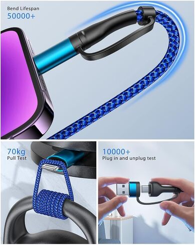 XUDUO USB C كابل نوع C شاحن 4 في 1 شحن سريع 60 وات محول كابل USB-C إلى USB-C لشاحن iPad سلك شحن سريع متعدد يناسب iPhone 15/15 Pro/15 Plus/14 Pro Max، 6FT in Kuwait