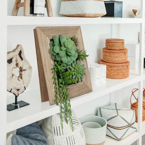 Fake Plants Succulents 3D Artificial Wall Hanging Plants Indoor Faux Succulent Arrangement in Wooden Planter for Home Farmhouse Kitchen Console Table Wall Decoration in Kuwait