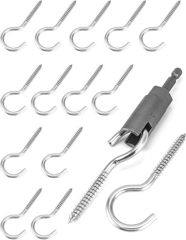 QWORK Screw in Hooks, 15 Pcs 304 Stainless Steel Ceiling Hooks, 1 Pcs 1/4" Hex Shank Wing Nut Driver, Screw Eye Hooks, Lights Hanger Hooks for Plants, Lights, Cups, Mugs in Saudi Arabia