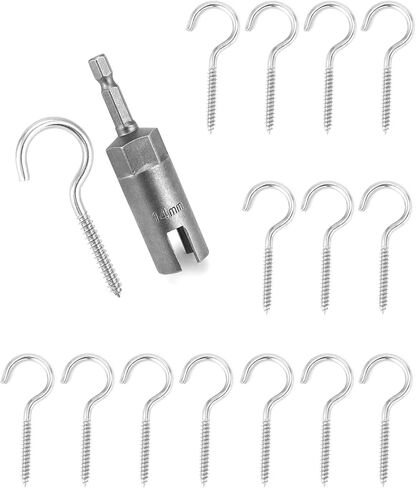 QWORK Screw in Hooks, 15 Pcs 304 Stainless Steel Ceiling Hooks, 1 Pcs 1/4" Hex Shank Wing Nut Driver, Screw Eye Hooks, Lights Hanger Hooks for Plants, Lights, Cups, Mugs in Saudi Arabia