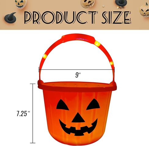 GIFTEXPRESS Light Up Halloween Pumpkin Bucket - Plastic Jack O Lantern w/Glow in The Dark Handles & 3 LED Lights - Trick Or Treat Candy Basket & Cauldron Decoration Pail for Kids in Kuwait