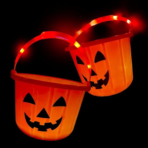 GIFTEXPRESS Light Up Halloween Pumpkin Bucket - Plastic Jack O Lantern w/Glow in The Dark Handles & 3 LED Lights - Trick Or Treat Candy Basket & Cauldron Decoration Pail for Kids in Kuwait