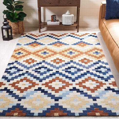 سجادة منطقة SAFAVIEH Chelsea Collection - 5'3" x 8'3"، برتقالية ومتعددة، صوف ريفي فرنسي معلق يدويًا، مثالية للمناطق ذات حركة المرور العالية في غرفة المعيشة وغرفة النوم (HK726A) in Saudi Arabia