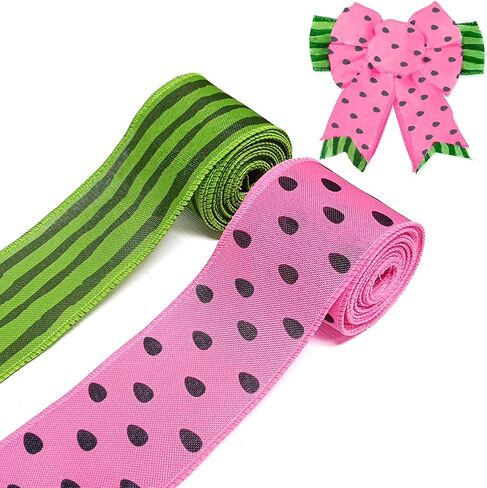 2 Rolls Summer Ribbons for Crafting, Watermelon Print Wired Edge Ribbon, Red Green Fruit Fabric Ribbon Bows for Wreaths Basket DIY Crafts Gift Summer Party Bow Decoration in Saudi Arabia