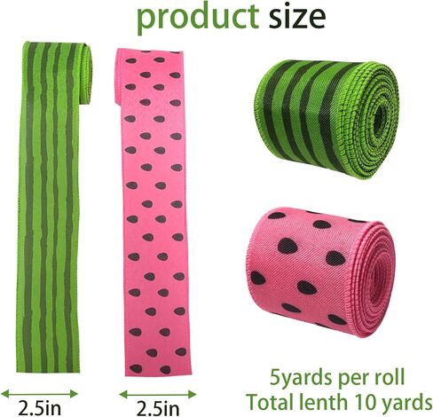 2 Rolls Summer Ribbons for Crafting, Watermelon Print Wired Edge Ribbon, Red Green Fruit Fabric Ribbon Bows for Wreaths Basket DIY Crafts Gift Summer Party Bow Decoration in Saudi Arabia