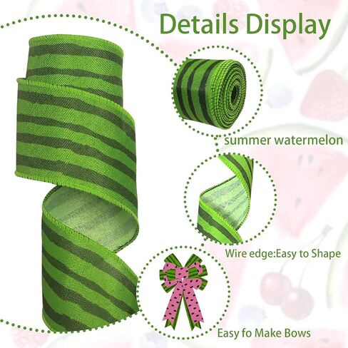 2 Rolls Summer Ribbons for Crafting, Watermelon Print Wired Edge Ribbon, Red Green Fruit Fabric Ribbon Bows for Wreaths Basket DIY Crafts Gift Summer Party Bow Decoration in Saudi Arabia