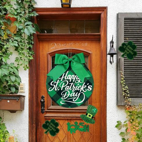 sggvecsy عيد القديس باتريك علامة خشبية الجاموس منقوشة الأيرلندية شنقا ديكور الباب مع القوس الأخضر شنقا علامة الخشب ريفي للمنزل الباب الأمامي جدار الحزب نافذة في الهواء الطلق مزرعة الشرفة ديكور in Kuwait