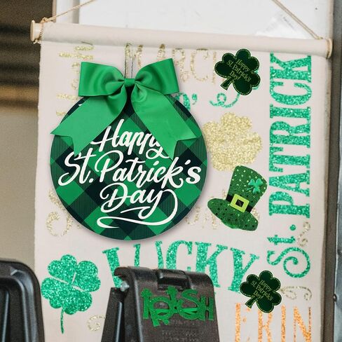 sggvecsy عيد القديس باتريك علامة خشبية الجاموس منقوشة الأيرلندية شنقا ديكور الباب مع القوس الأخضر شنقا علامة الخشب ريفي للمنزل الباب الأمامي جدار الحزب نافذة في الهواء الطلق مزرعة الشرفة ديكور in Kuwait