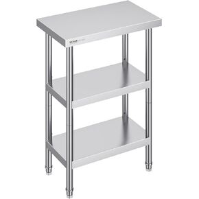 VEVOR Stainless Steel Food Prep Table, 18 x 48 x 34 Inch Commercial Kitchen Worktable, with 2 Adjustable Undershelf, Heavy Duty Prep Table Metal Work Table for BBQ, Kitchen, Home, and Garage
